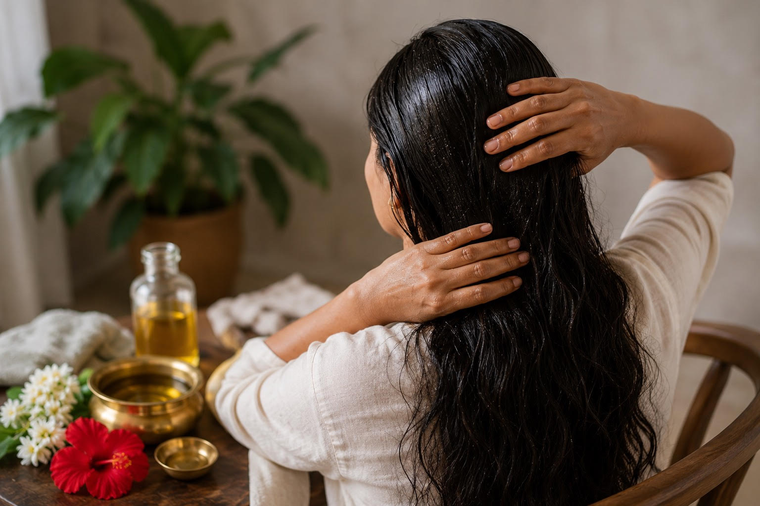 Traditional hair oiling ritual with warm amber oil