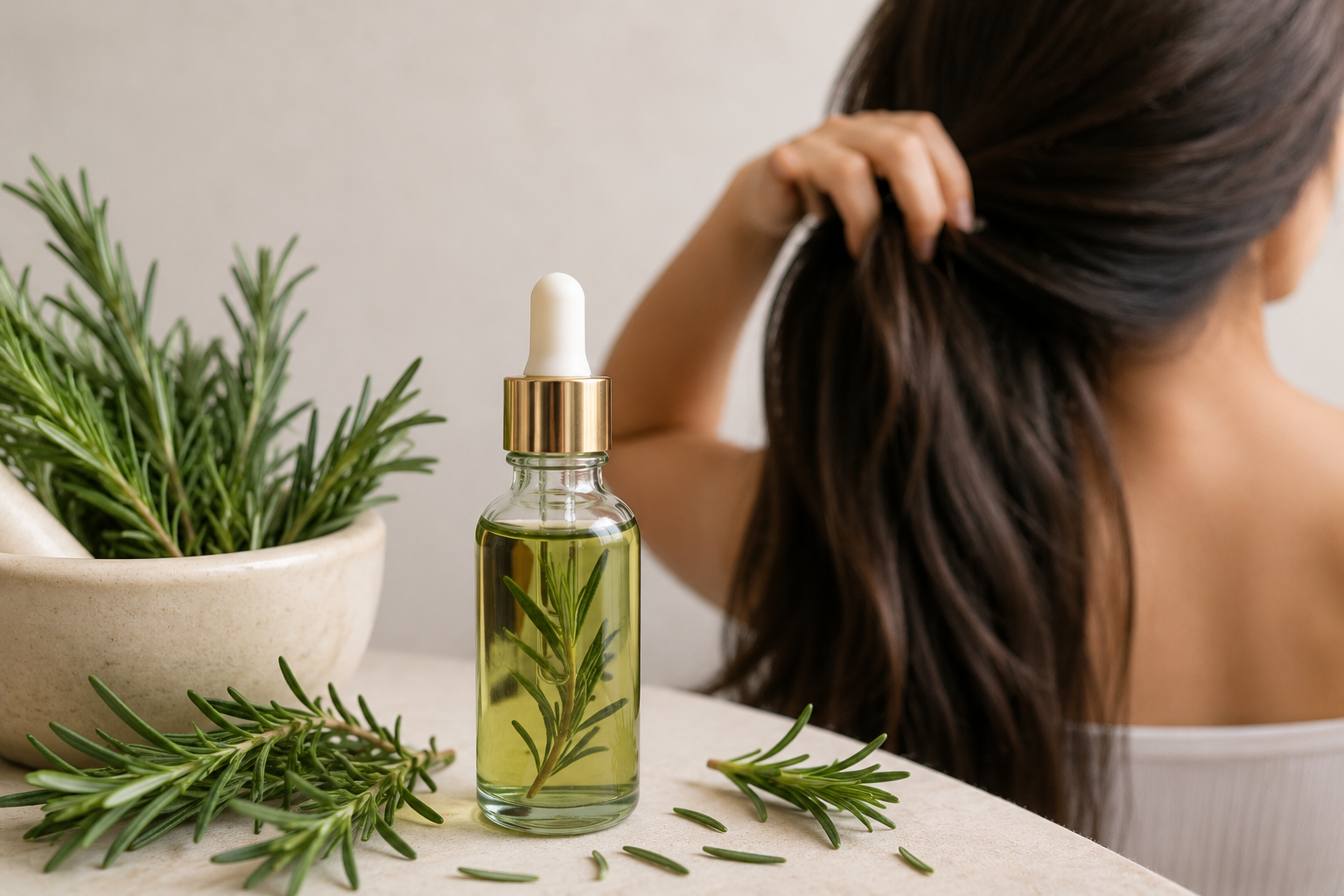 Fresh rosemary sprigs styled with an Alma Sereen oil bottle