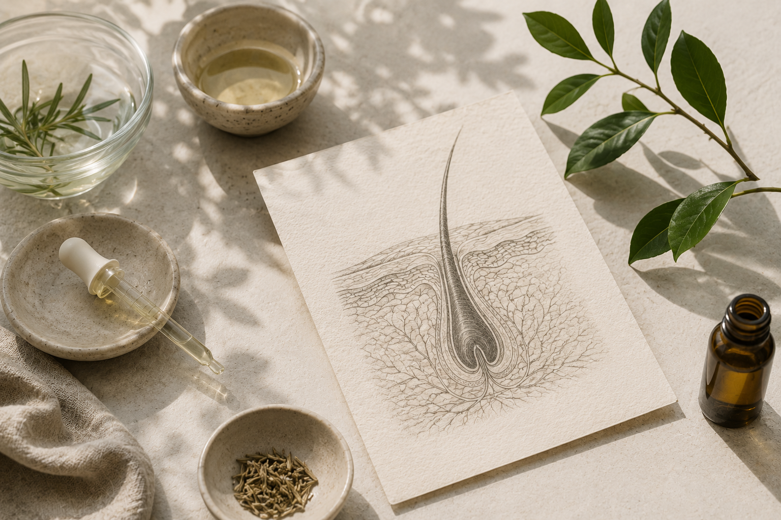 A botanical illustration of a hair follicle on cream paper, surrounded by rosemary, oil and a dropper