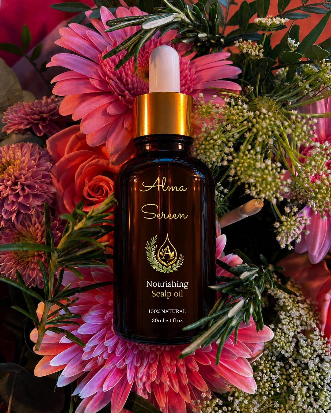 Alma Sereen natural scalp oil nestled in fresh flowers